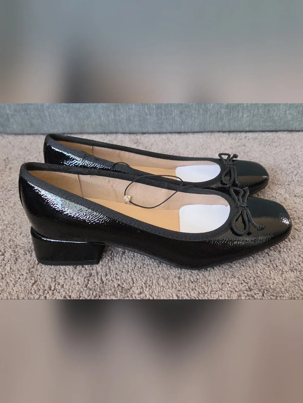 Unisa Black Patent Square-Toe Ballet Flats with Bow Trim